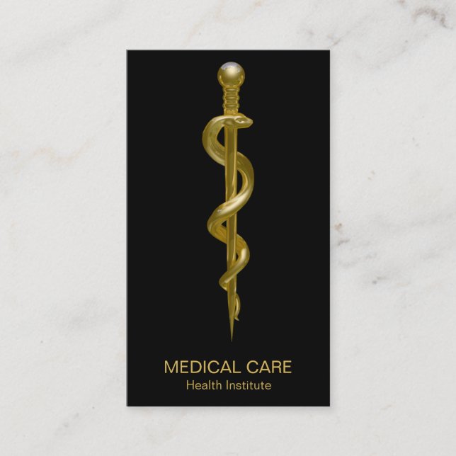 Tarjeta De Visita Clásico Rod de Asclepius Medical Gold sobre negro (Anverso)