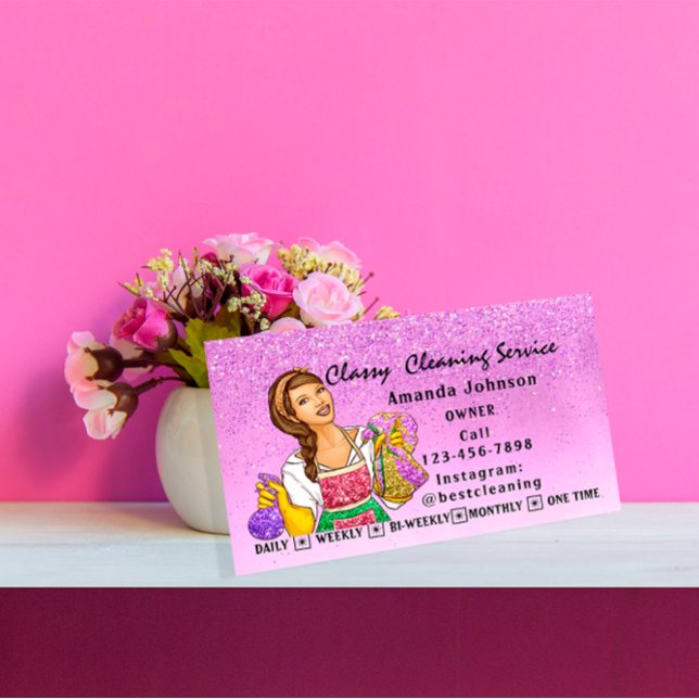 Tarjeta De Visita Clásico Servicio de Limpieza de Casa Maid Purple G (Classy House Cleaning Service Maid Purple Gllitte Business Card)
