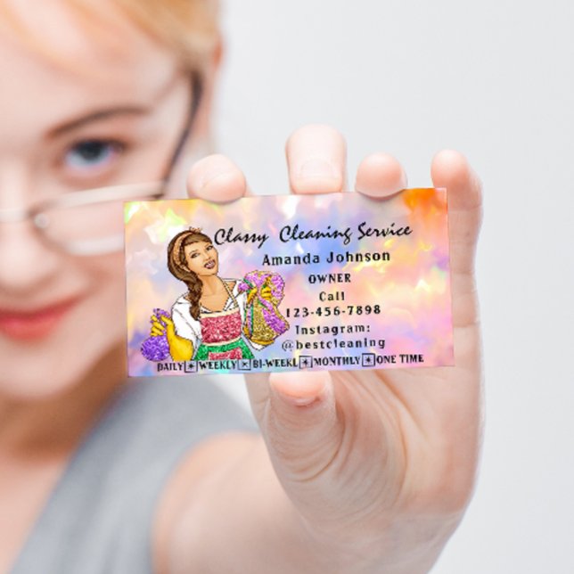 Tarjeta De Visita Clásico Servicio de Limpieza de Casas Holograma Ro (Classy House Cleaning Service Maid Pink Holograph Business Card)