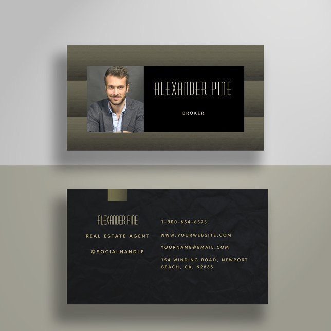 Tarjeta De Visita Clásico Simple Moderno Oro Negro Profesional Foto (real estate business card elegant professional modern simple classy photo black gold pattern)