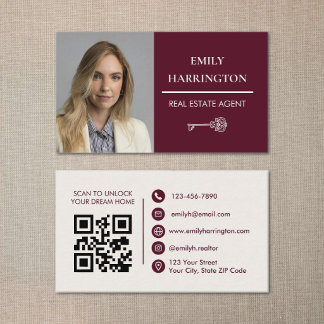 Tarjeta De Visita Classic Key QR Code Maroon Real Estate Agent