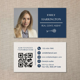 Tarjeta De Visita Classic Key QR Code Navy Real Estate Agent