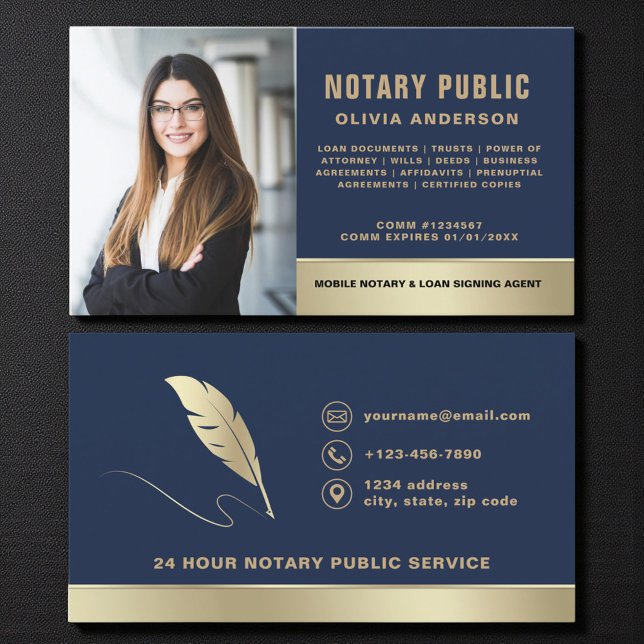 Tarjeta De Visita Classic Notary Public Navy Blue & Gold Photo (Subido por el creador)