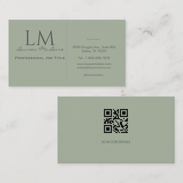 Tarjeta De Visita Classic Sage Green QR Code Business Branding (Anverso / Reverso)