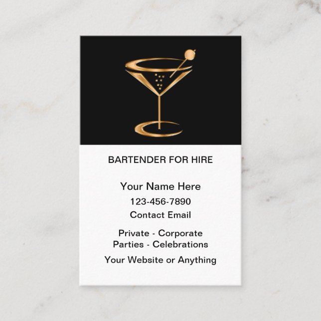 Tarjeta De Visita Classy Bartender For Hire  (Anverso)