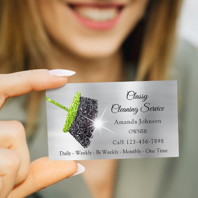 Tarjeta De Visita Classy Cleaning Services Silver Mint Glitter Gray (Classy Cleaning Services Silver Mint Glitter Gray Business Card)