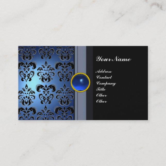 Tarjeta De Visita CLASSY DAMASK GEM MONOGRAM azul negro (Anverso)