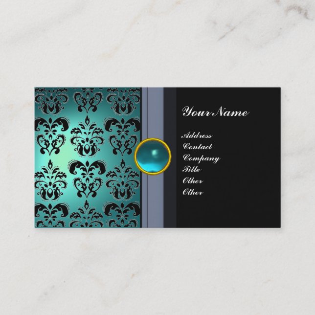 Tarjeta De Visita CLASSY DAMASK GEM MONOGRAM azul negro acuamarina (Anverso)
