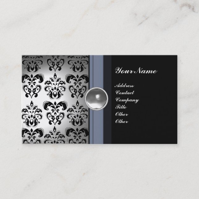 Tarjeta De Visita CLASSY DAMASK GEM MONOGRAM blanco negro (Anverso)