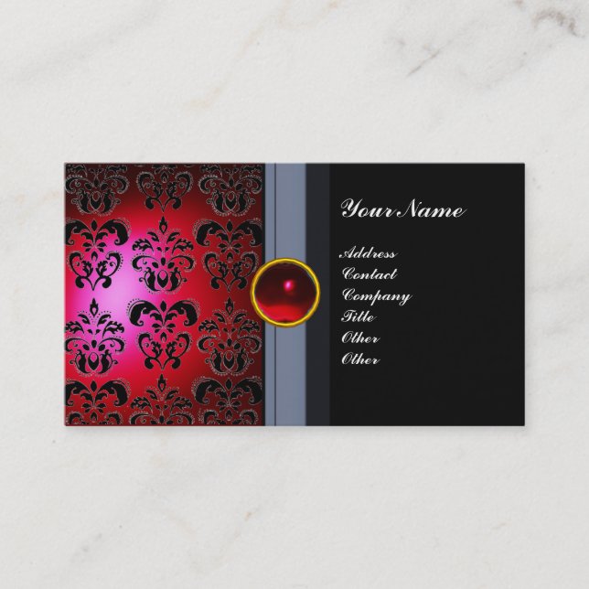 Tarjeta De Visita CLASSY DAMASK GEM MONOGRAM rojo burdeos negro (Anverso)