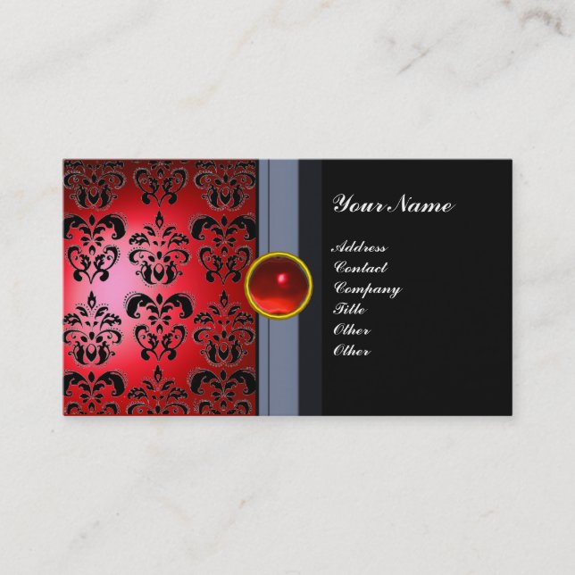 Tarjeta De Visita CLASSY DAMASK GEM MONOGRAM rojo negro (Anverso)