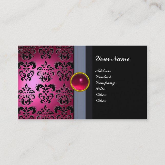 Tarjeta De Visita CLASSY DAMASK GEM MONOGRAM rosa negro (Anverso)