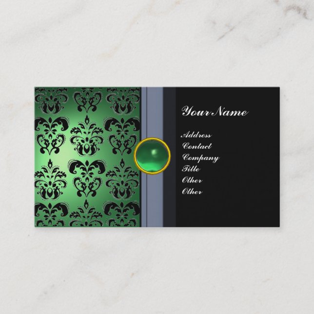 Tarjeta De Visita CLASSY DAMASK GEM MONOGRAM verde negro (Anverso)