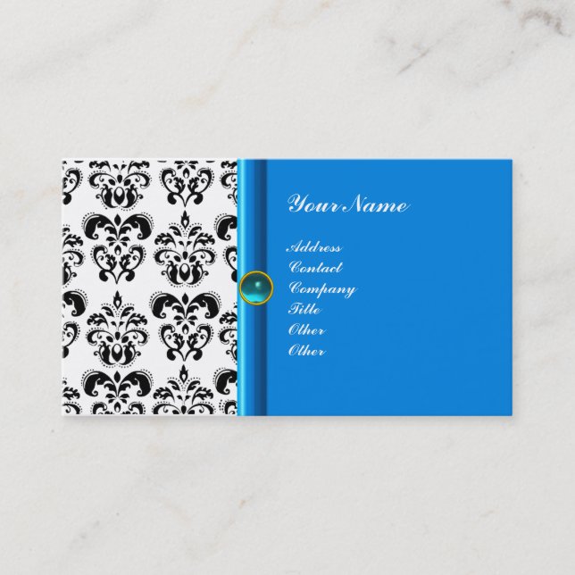 Tarjeta De Visita CLASSY DAMASK MONOGRAM azul acuamarina (Anverso)