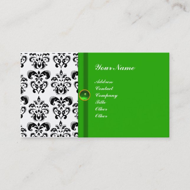 Tarjeta De Visita CLASSY DAMASK MONOGRAM blanco negro verde (Anverso)