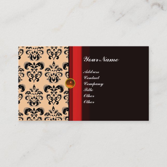 Tarjeta De Visita CLASSY DAMASK MONOGRAM naranja de topaz negro (Anverso)