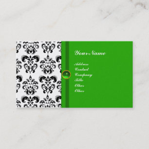 Tarjeta De Visita CLASSY DAMASK MONOGRAM platino de esmeralda verde