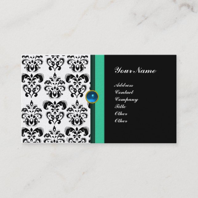Tarjeta De Visita CLASSY DAMASK MONOGRAM ,platino de zafiro negro (Anverso)