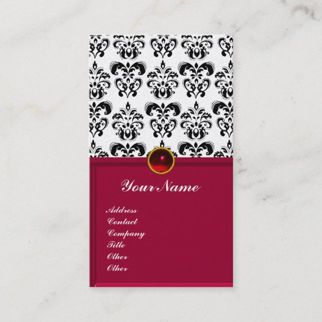 Tarjeta De Visita CLASSY DAMASK MONOGRAM rojo burgundy platino (Anverso)