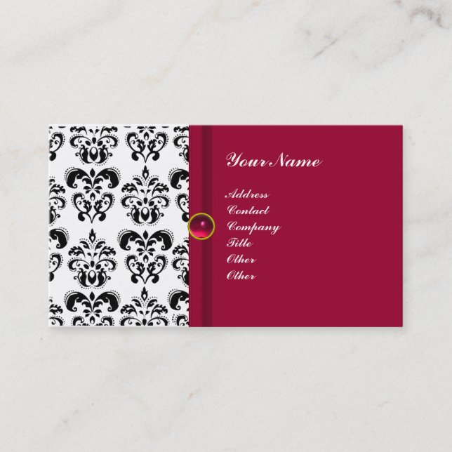 Tarjeta De Visita CLASSY DAMASK MONOGRAM , rojo rubí rosa (Anverso)