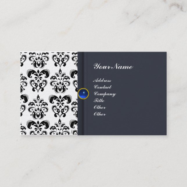 Tarjeta De Visita CLASSY DAMASK MONOGRAM zafiro azul perla (Anverso)