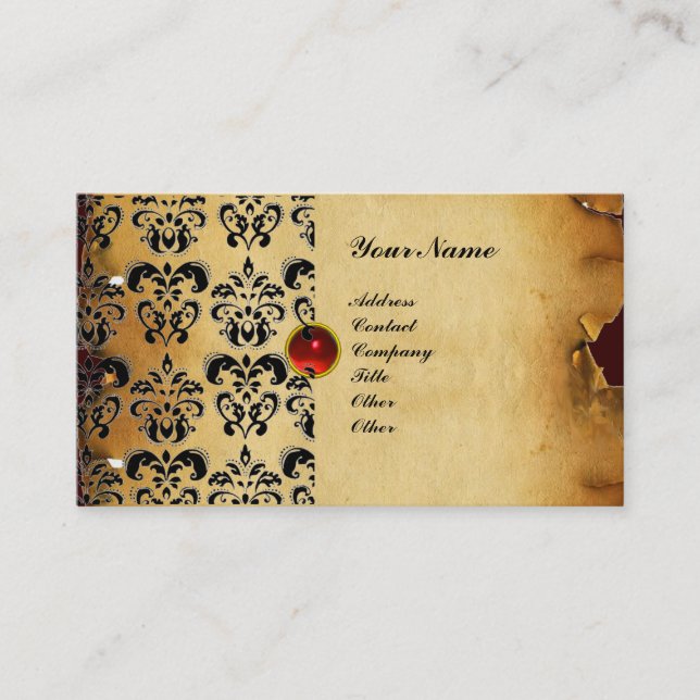 Tarjeta De Visita CLASSY DAMASK PARCHMENT MONOGRAM negro rojo (Anverso)