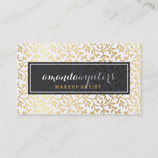Tarjeta De Visita CLASSY diseño follaje moderno patrón oro Relieve m (Anverso)
