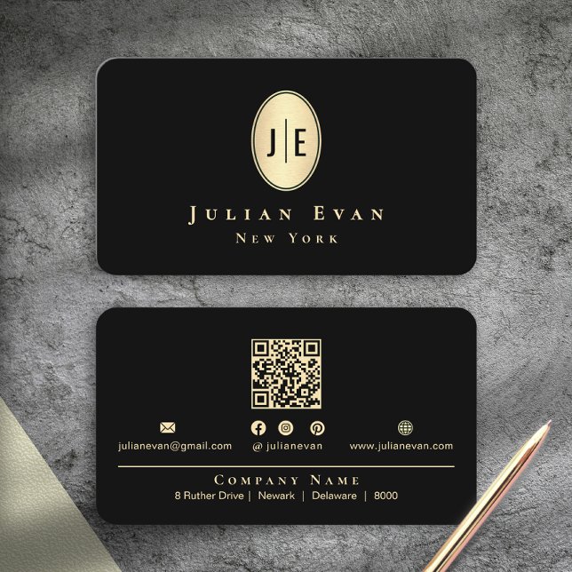 Tarjeta De Visita Classy Elegant Black & Gold Shiny Oval Monogram (Classy Elegant Black & Gold Shiny Oval Monogram Business Card)