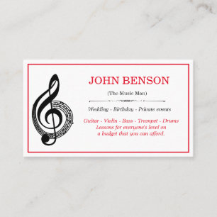 Tarjeta De Visita Classy Music Teacher Black Treble Clef con notas