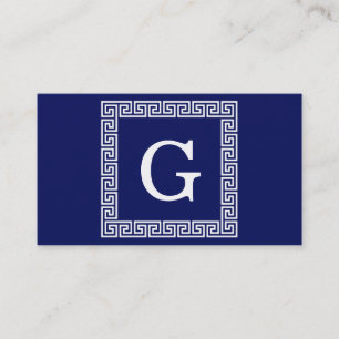 Tarjeta De Visita Clave griega blanca azul de la marina #1 Monograma