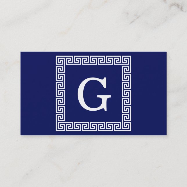 Tarjeta De Visita Clave griega blanca azul de la marina #1 Monograma (Anverso)