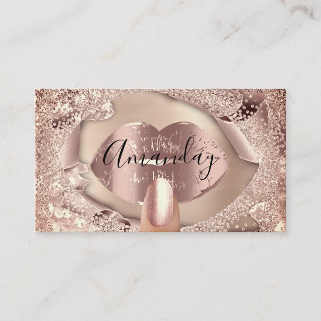 Tarjeta De Visita Clavos de maquillaje Rosa Oro Kiss Lips Purpurina  (Anverso)