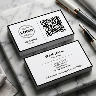 Tarjeta De Visita Clean Black White Minimalist QR Code Logo