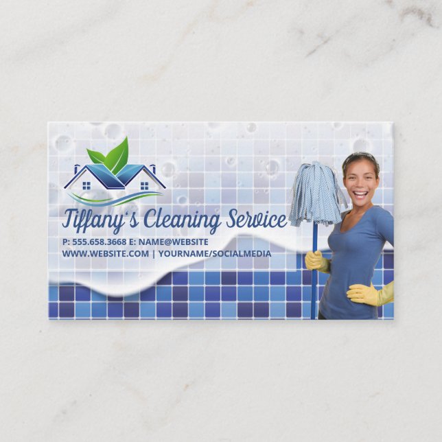 Tarjeta De Visita Cleaner Holding Mop | Janitor (Anverso)