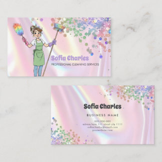 Tarjeta De Visita Cleaning Lady Maid Holographic Glitter Pink