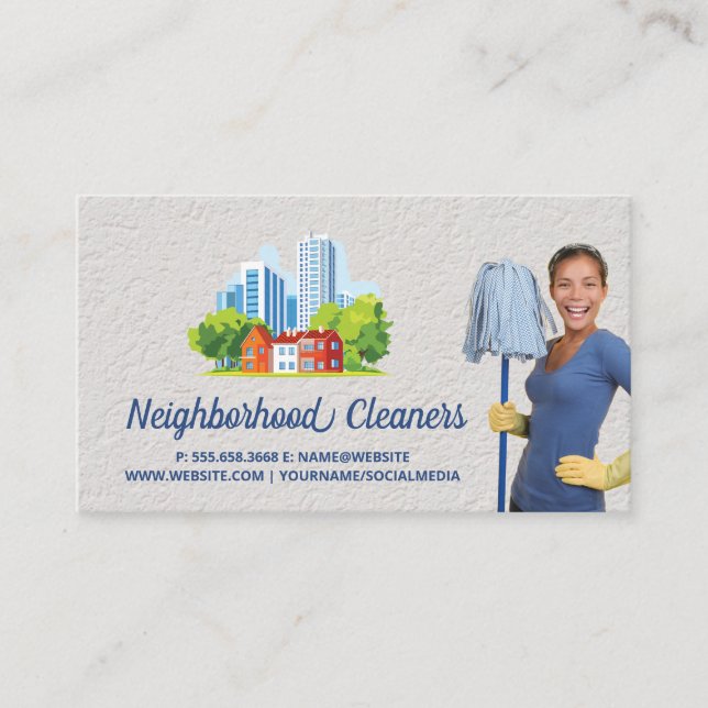 Tarjeta De Visita Cleaning | Maid Holding Mop | City Buildings (Anverso)