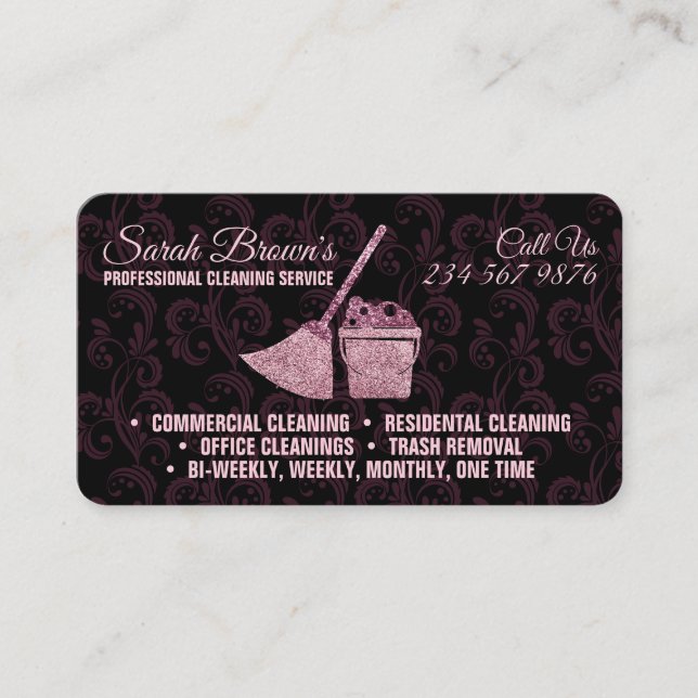 Tarjeta De Visita Cleaning Service Maid Janitorial pink swirl (Anverso)