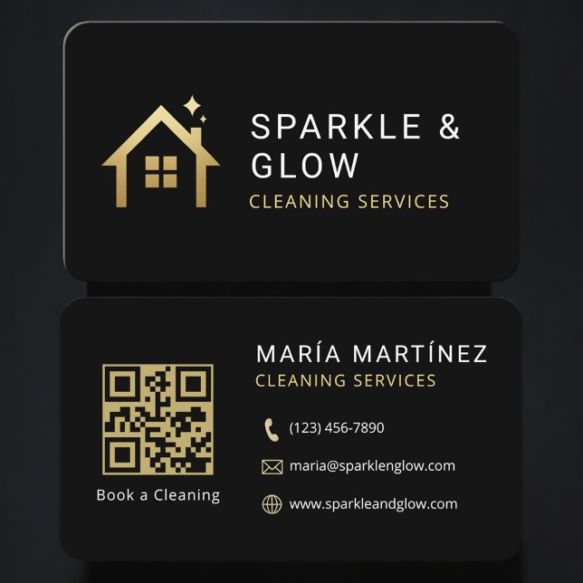 Tarjeta De Visita Cleaning Services Black Gold QR Code Professional (Subido por el creador)