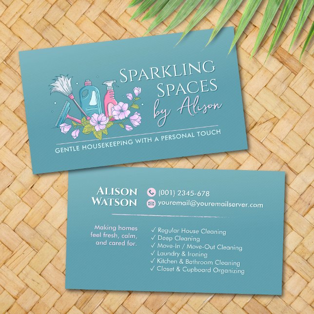 Tarjeta De Visita Cleaning Services - Elegant Floral Teal and Pink (Subido por el creador)