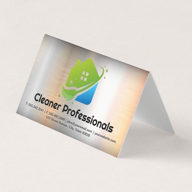 Tarjeta De Visita Cleaning Services House Logo | Metal Background (Anverso)