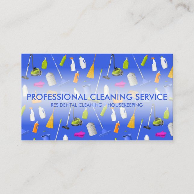 Tarjeta De Visita Cleaning Services Icons Cute blue (Anverso)