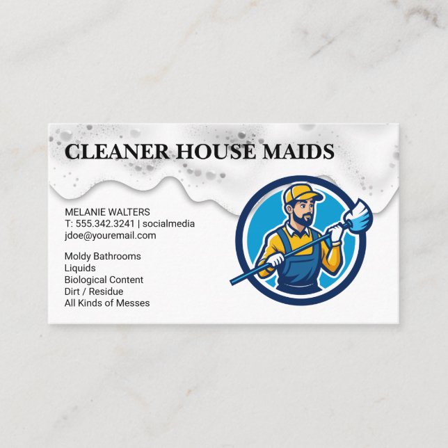 Tarjeta De Visita Cleaning Services | Janitor Holding Mop (Anverso)