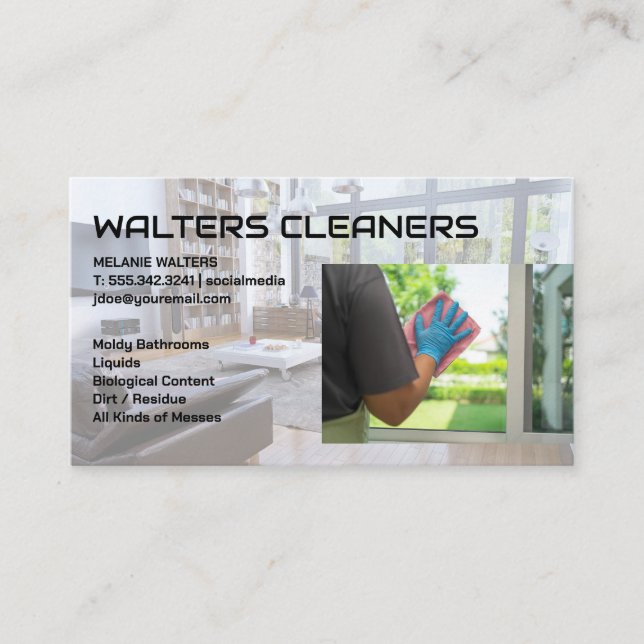 Tarjeta De Visita Cleaning Services Logo | Maid Washing Window (Anverso)