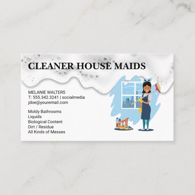 Tarjeta De Visita Cleaning Services | Maid with Broom (Anverso)