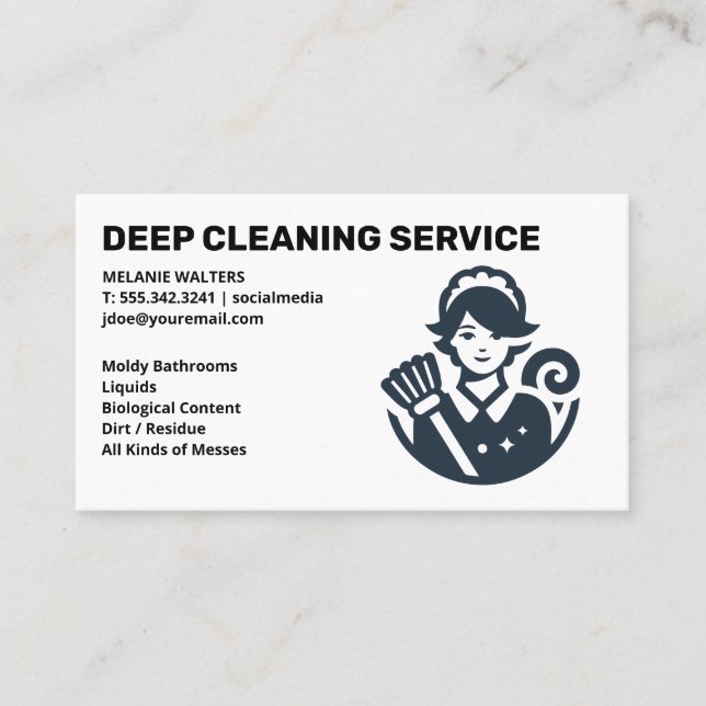 Tarjeta De Visita Cleaning Services | Maid with Broom Logo (Anverso)