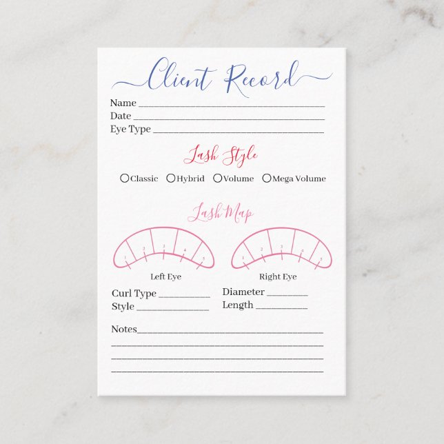 Tarjeta De Visita Cliente de extensión Eyelash Formulario de registr (Anverso)