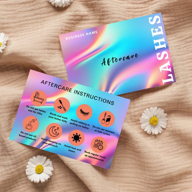 Tarjeta De Visita Cliente de latigazo estético holográfico tras cuid (Holographic Aesthetician Lash Client After Care Business Card)