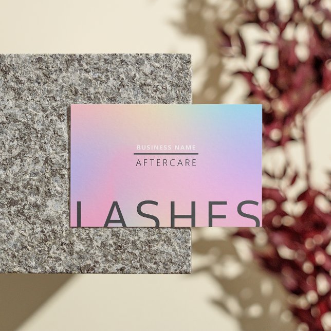 Tarjeta De Visita Cliente de latigazo iridiscente holográfico rosado (Pastel Holographic Lash After Care Instruction Business Card)