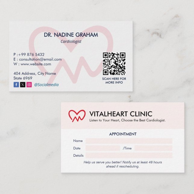 Tarjeta De Visita Clínica de Cardiología | Cita limpia (Anverso / Reverso)