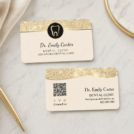 Tarjeta De Visita Clínica Dental Beige y Oro de Lujo